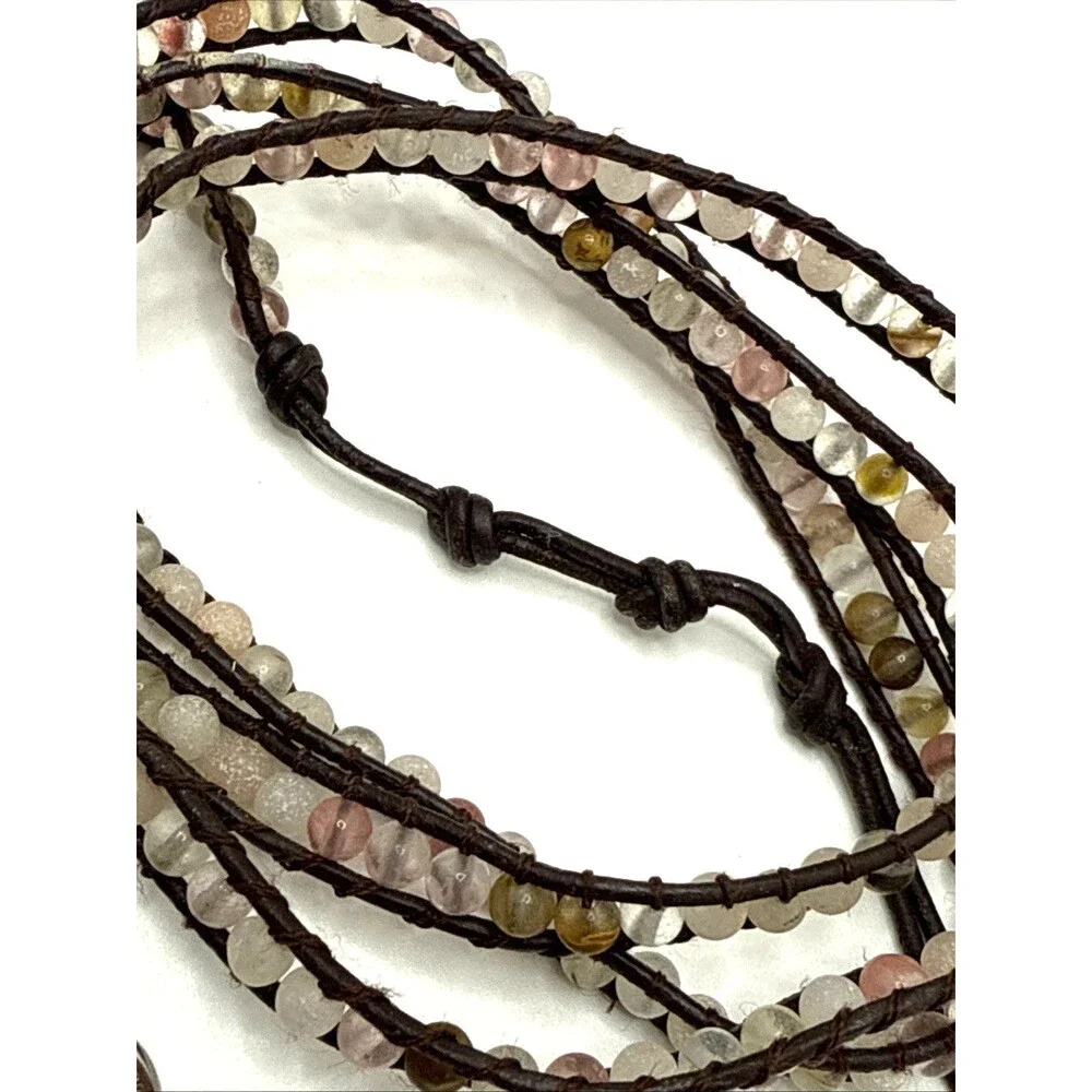 Victoria Emerson Wrap Bracelet Brown Leather Multicolor Stone Beaded Boho 33-36